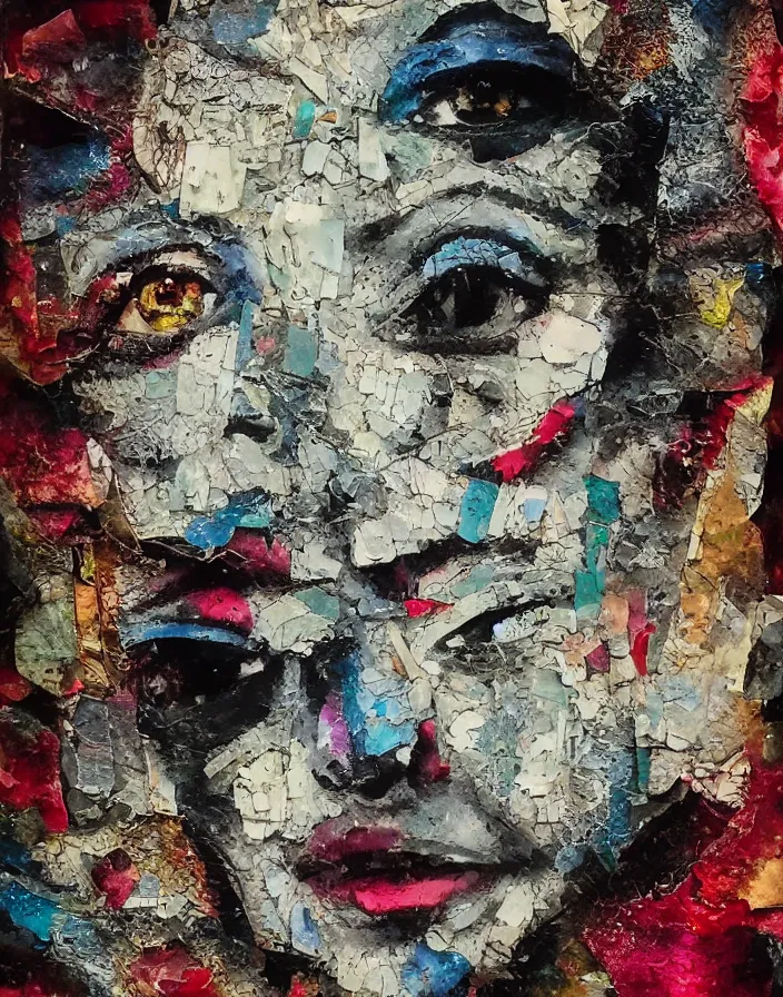Prompt: dancing shine detailed analogue mixed media collage with canvas texture in style of contemporary art, punk art, hyperrealistic beautiful face, photorealistic, expressionism, masterpiece, perfect composition, spectacular quality torn paper, intricate oil details, broken glass