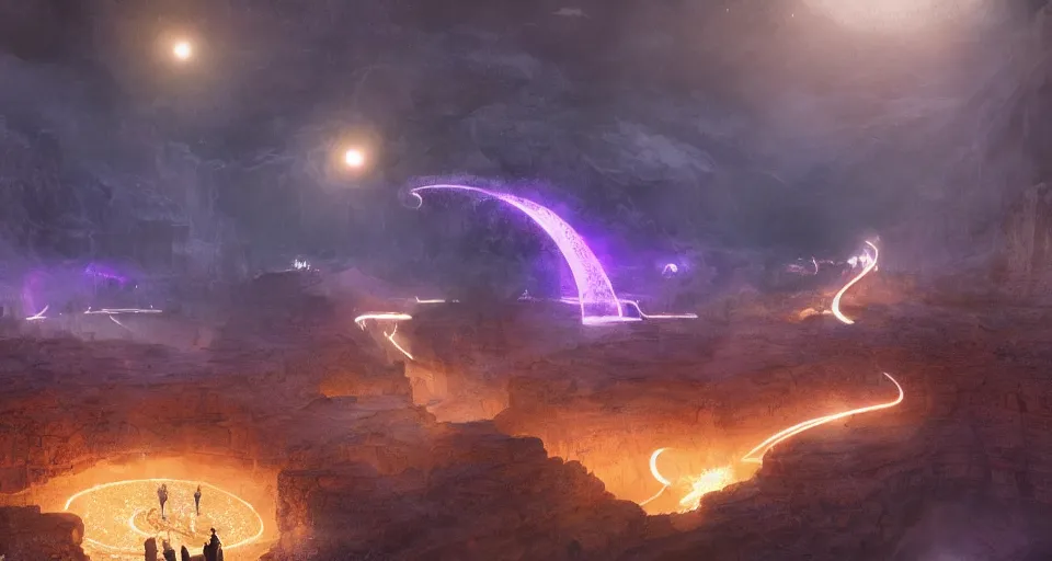 Image similar to night, a lot of people and a spiral - shaped white luminous attractor is floating in grand canyon, concept art, art for the game, professional lighting, art