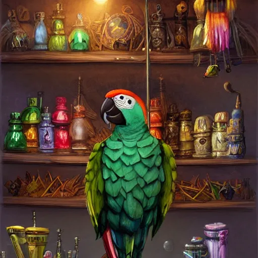 Image similar to Magic the gathering artwork of Anthropomorphized parrot trader in his shop, shelves full, selling a gem, portrait, items, magic potions, carpet, window, fancy funny hat, sly expression , cunning expression, cute expression, presenting magic gem, D&D, fantasy, cinematic lighting, highly detailed, digital painting, artstation, concept art, smooth, sharp focus, illustration, warm light, cozy warm tint, magic the gathering artwork, volumetric lighting, 8k, no gold, no gold colours, art by Akihiko Yoshida and Greg Rutkowski