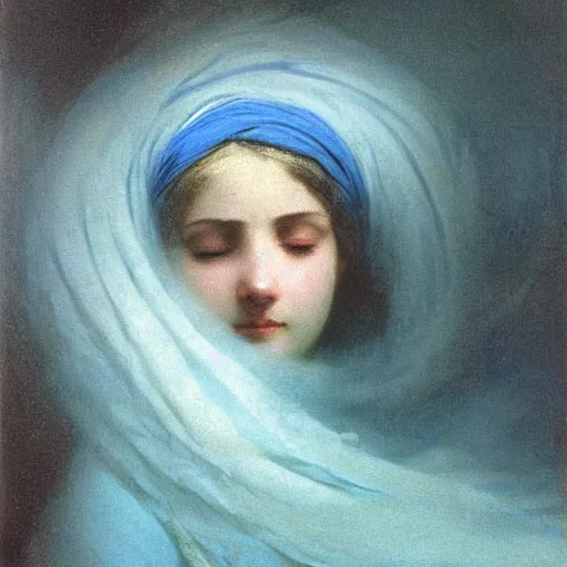 Image similar to a woman’s face, her eyes are covered with a flowing blue satin blindfold, by ivan aivazovsky and alma tadema and and willen claesz heda and aelbert cuyp