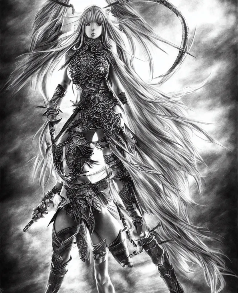 Image similar to hyper - realistic pencil drawing of a fantasy warrior anime woman withwith long hair twirling, very exaggerated fisheye perspective, art by shinichi sakamoto