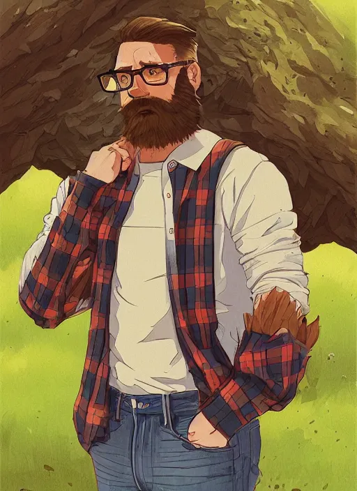 Prompt: very detailed drawing of a gay hipster bearded muscle bear wearing plaid shirt and glasses, trending on artstation, flat colors, cartoon, cell shaded by studio ghibli greg rutkowski loish rhads ferdinand knab