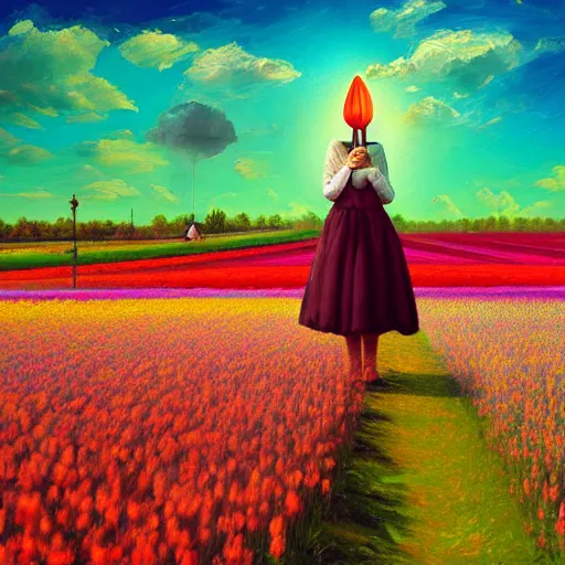 Image similar to large tulip as a head, girl standing in a flower field, surreal photography, sunrise dramatic light, impressionist painting, colorful clouds, digital painting, artstation, simon stalenhag