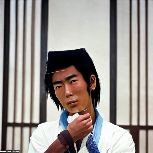 Prompt: A portrait of an A Japanese man with a black power hairstyle, photo made by Slim Aarons, award winning, closeup