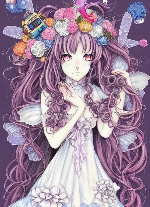 Image similar to manga character design of beautiful cat girl witch with a robot, curls hair, rococo ruffles dress, rosette, symmetrical face, cute, fairy, by kelly mckernan, mai yoneyama, takeshi obata, katsuhiro otomo, detailed background, illustration, artstation, concept art, highly detailed, colorful, maximalist