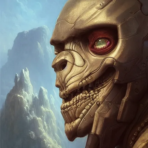 Image similar to “Beautiful hyperrealistic detailed matte portrait painting of a cyborg creature made of marble, by andreas rocha and john howe, and martin johnson heade, featured on artstation, featured on behance, golden ration, f32, well composed, cohesive”