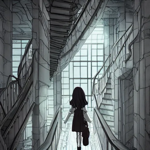 Image similar to a creepy woman walking through a bright white staircase with many doors and hallways, mc escher architecture, very detailed background, epic composition, anime key visual, anime style, by makoto shinkai