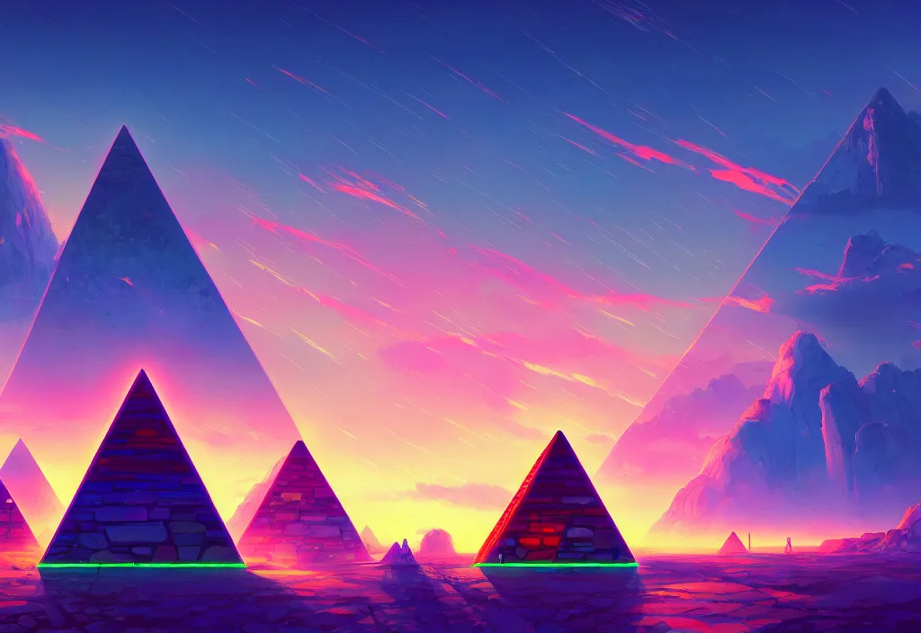 Image similar to a small futuristic pyramid with neons at dawn with rock piles in the background, intricate oil painting, high detail illustration, sharp high detail, manga and anime 1 9 9 9, official fanart behance hd artstation by jesper ejsing and makoto shinkai, 4 k,