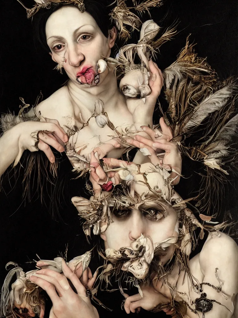 Image similar to Detailed maximalist portrait with cracked porcelain skin, dark doe eyes, a mouth like PJ Harvey, feather and milk, HD mixed media, 3D collage, highly detailed and intricate, surreal illustration in the style of Caravaggio, dark art, baroque