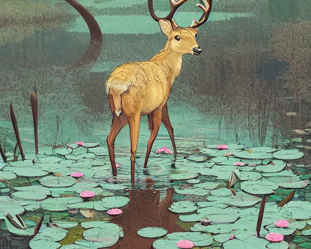 Image similar to a deer spirit walking in shallow water, surrounded by lily pads, digital art, illustrated by james gurney and victo ngai