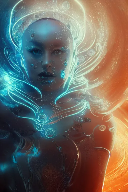 Image similar to a movie still of an ancient futuristic ethereal superstar with digital modifications surrounded by a underwater ink pour and flowing liquid gallium and complex sacred geometry, powerful, cinematic, beautifully lit, by john howe, by beeple, by artgerm, by karol bak, by brian froud, 3 d, trending on cgsociety, octane render, 8 k