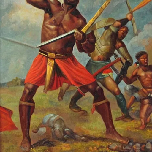 Prompt: African-American Spartan Warrior fighting a medieval army, oil painting, W 1024,