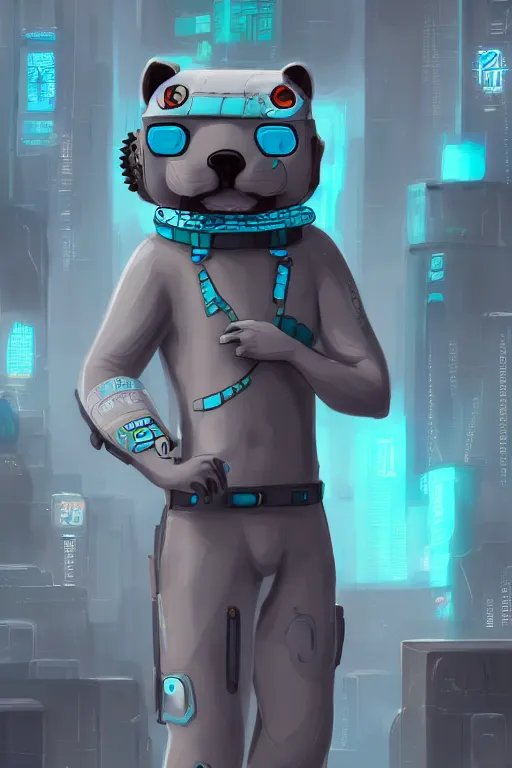 Prompt: a cute male gray turquoise white orange otter fursona wearing futuristic clothes in the streets of cyberpunk city, fantasy, 8 k resolution, hyper detailed, character design, digital painting, trending on artstation, illustration