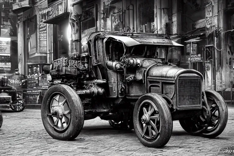 Image similar to cyberpunk 1 9 0 8 model ford t by paul lehr, metropolis, vintage, robotic, black and white photo