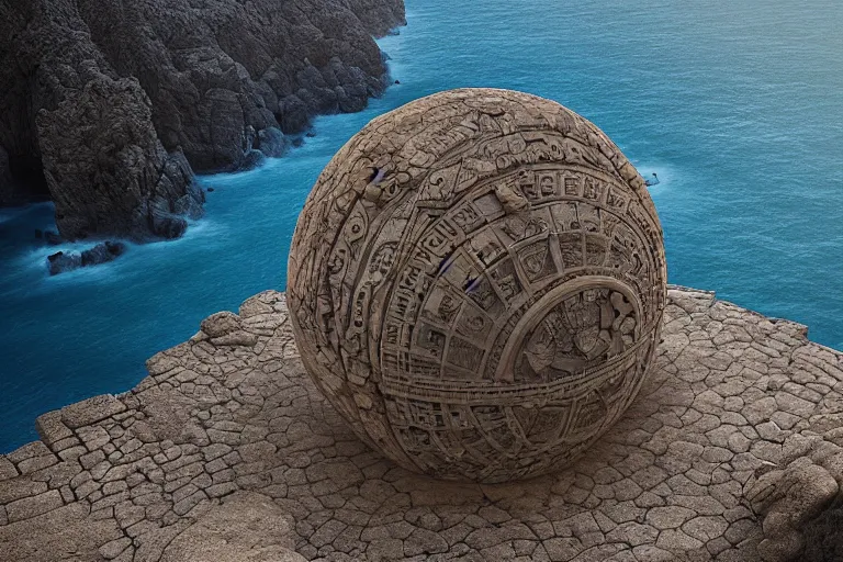 Image similar to old photograph of a gigantic paleolothic sphere made of stone with highly detailed carvings of intricate shamanic robotic electronics and circuits, in a mediterranean lanscape, inside a valley overlooking the sea, by michal karcz, mediterranean island scenery, mediterranean vista