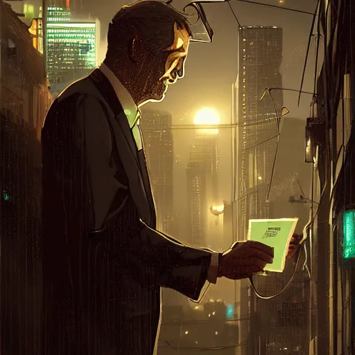 Image similar to businessman handing the viewer an envelope, detailed digital illustration by greg rutkowski, cyberpunk back alley, nighttime