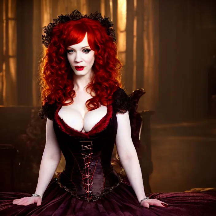 Image similar to full body photograph of christina hendricks as a vampire queen. Extremely detailed. 8k