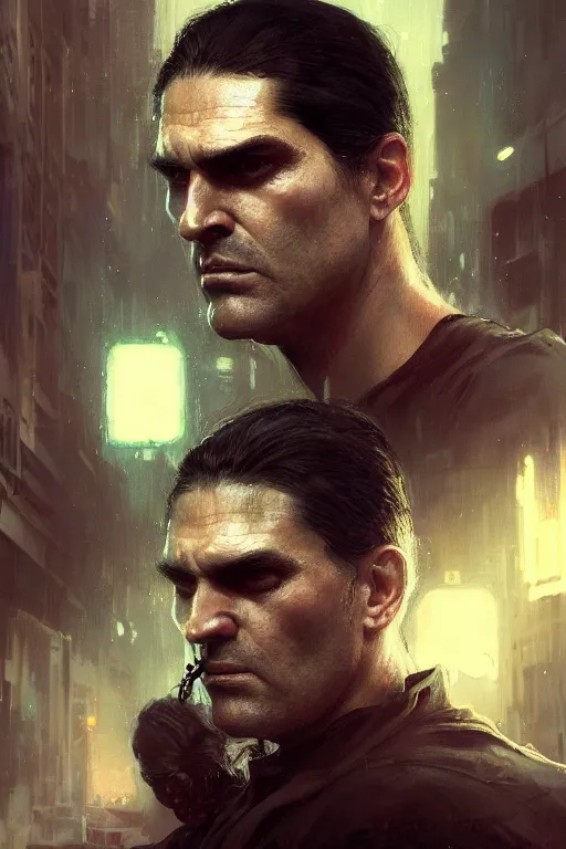 Image similar to peter steele hyperrealistic portrait, bladerunner street, art of elysium by jeremy mann and alphonse mucha and greg rutkowski, fantasy art, photo realistic, dynamic lighting, artstation, poster, volumetric lighting, very detailed face, 4 k, award winning