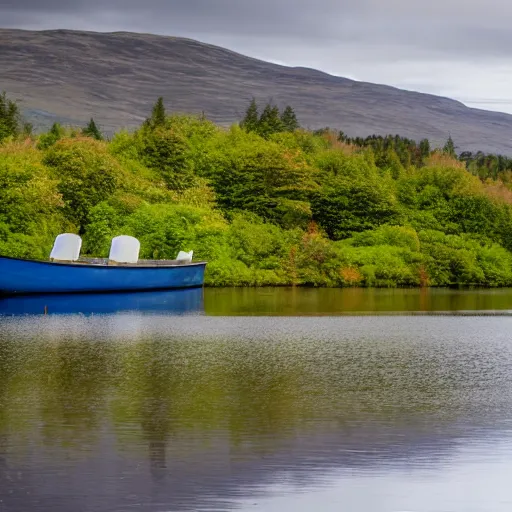 Image similar to a cinematic shot of an old blue rowing boat at the side of a still loch with the reflection of the trees and high scottish mountains visible reflecting in the water and a large house barely visible in the distance on the opposite side of the water through a gap in the trees