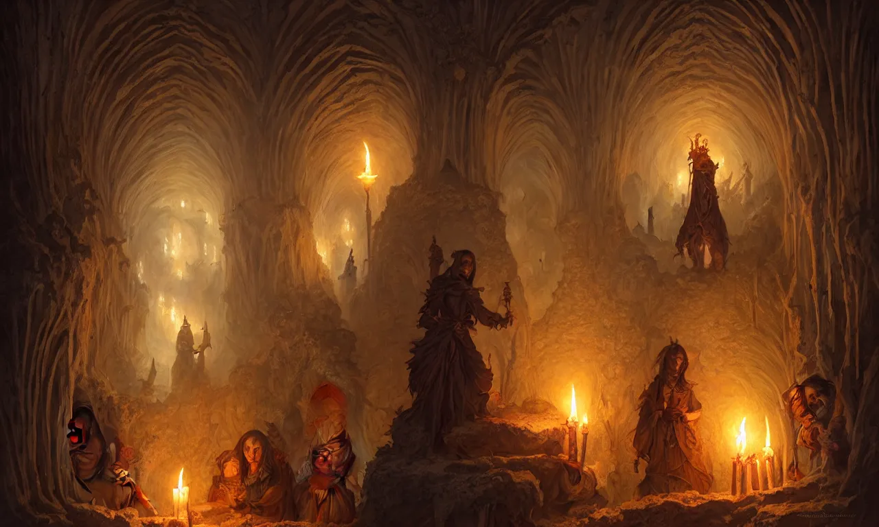 Image similar to Scary endless medieval catacombs with torches. Mystical nightmare concept, fantasy, intricate, elegant, highly detailed, digital painting, artstation, concept art, smooth, sharp focus, illustration, art by artgerm and greg rutkowski and alphonse mucha