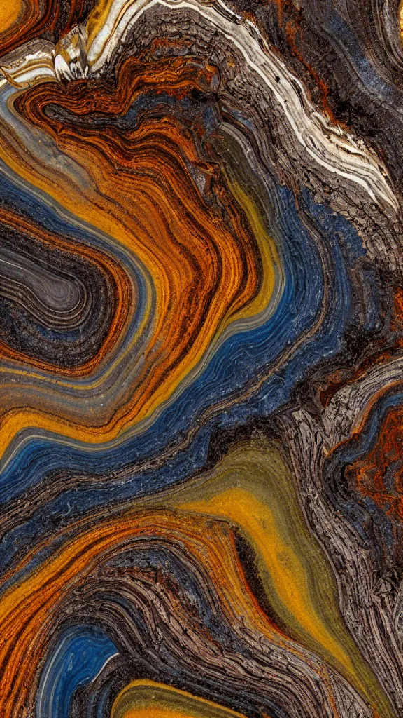 Image similar to vivid color, alien sedimentary schematic, organic swirling igneous rock, marbled veins, architectural drawing with layers of strata, ochre, sienna, black, gray, olive, mineral grains, dramatic lighting, rock texture, flowing crystal, sand by James jean, geology, octane render in the style of Luis García Mozos