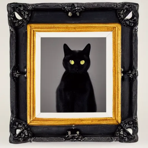 Image similar to studio photograph of a black cat sitting on a white table