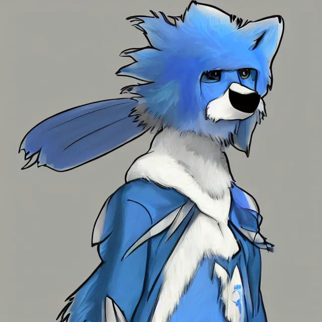 Prompt: a person wearing a fursuit of a blue jay fursona, fursona, furry convention, hotel lobby, indoors, digital art, furry fandom, artstation, deviantart, ref sheet,