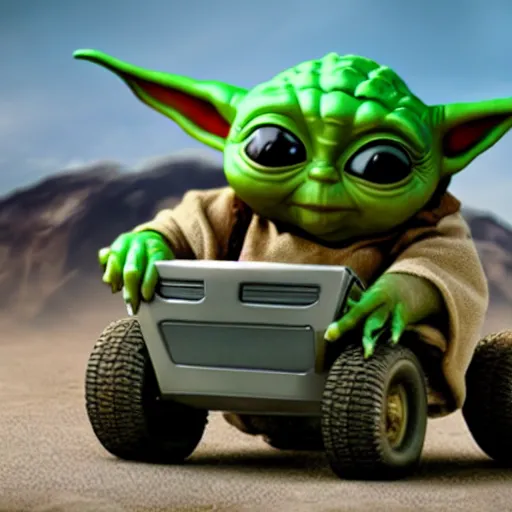 Image similar to baby yoda playing guitar on top of a monster truck, 8 k