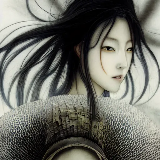 Image similar to yoshitaka amano blurred and dreamy realistic illustration of a japanese woman with black eyes, wavy white hair fluttering in the wind wearing elden ring armor with engraving, abstract patterns in the background, satoshi kon anime, noisy film grain effect, highly detailed, renaissance oil painting, weird portrait angle, blurred lost edges, three quarter view