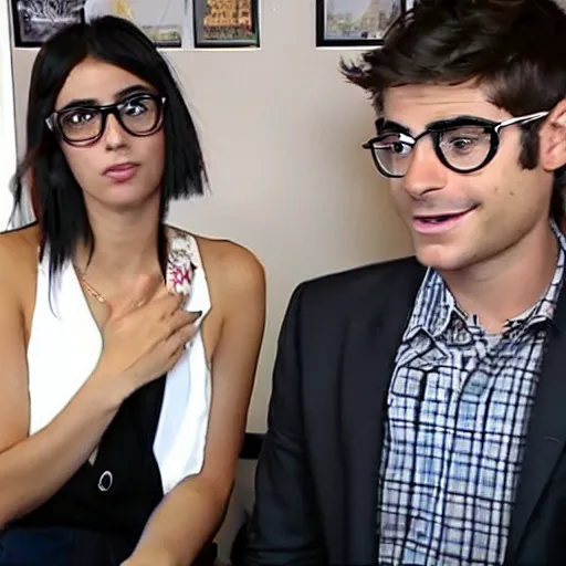 Prompt: A young Israeli female journalist with black hair and fancy glasses interviewing Zac Efron