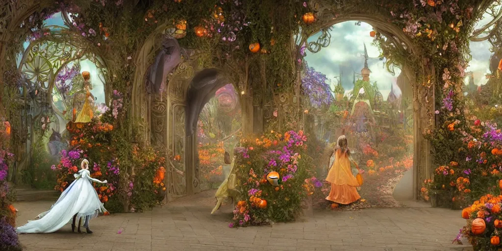 Prompt: fairytale princess entering the gates of her majestic palace of flowers , with horse driven , carriage made of pumpkins , epic scene unreal render depth of focus blur hyperrealistic detail Star Wars mucha Alice Tim burton fantasy art behance