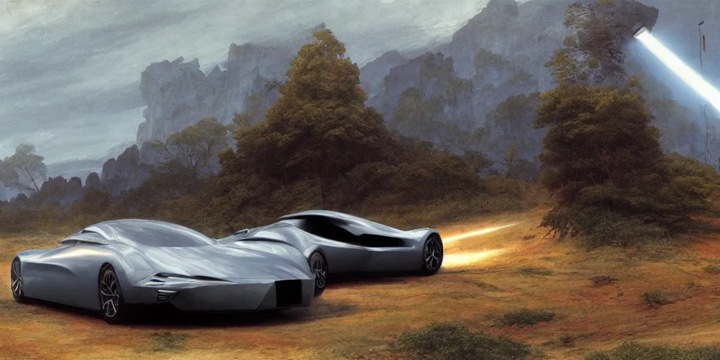 Prompt: sport car 2 0 2 2, volumetric light from nearby sources, style by caspar david friedrich and wayne barlowe and ted nasmith.
