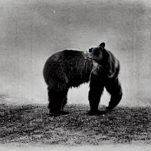 Prompt: rare photo of bear standing in hind legs, 1898