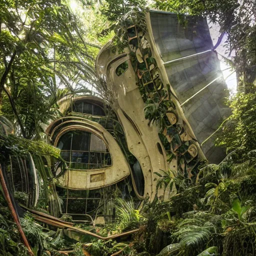 Prompt: old photo overgrown zaha hadid alphonse mucha spaceship ruins in jungle sunlight