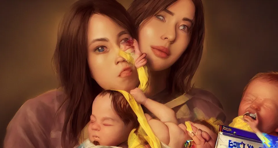 Image similar to “ a very very very very very very beautiful realistic still of a woman holding a newly born baby nicholas cage dressed as batman eating crayola crayons, by makoto shinkai, syd meade, starwars, space art concept, sci - fi, digital art, unreal engine, wlop, trending on artstation, 4 k uhd image, octane render ”