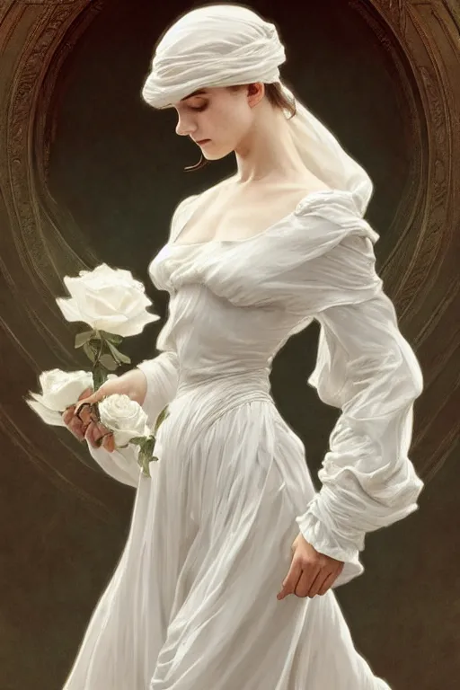 Image similar to woman dressed in a vaporous wrapped large victorian white roses silk dress fashion, D&D, fantasy, intricate, elegant, highly detailed, digital painting, artstation, concept art, matte, sharp focus, illustration, art by Artgerm and Greg Rutkowski and Alphonse Mucha