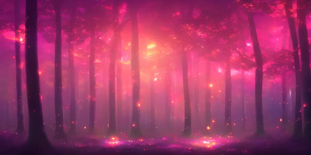 Prompt: beautiful anime painting of a psychedelic forest, glowing trees, nighttime, by makoto shinkai, koto no ha no niwa, artstation, atmospheric.