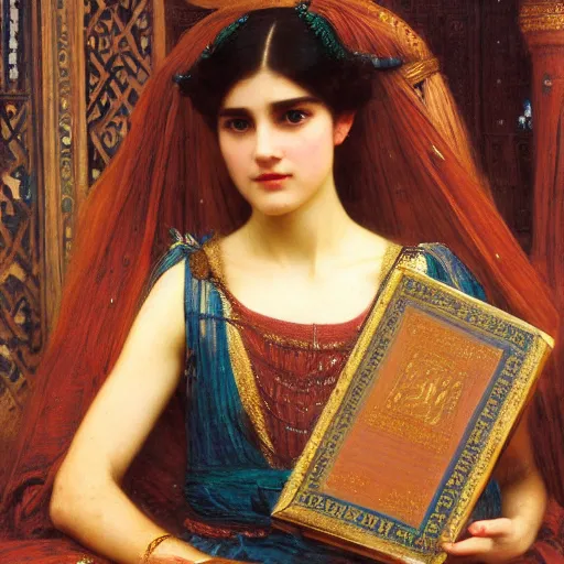 Prompt: orientalist portrait of a princess holding an iridescent eldritch tome intricate portrait by john william waterhouse Edwin Longsden Long and Theodore Ralli and Henryk Siemiradzki, very coherent symmetrical artwork. Cinematic, hyper realism, high detail 8k