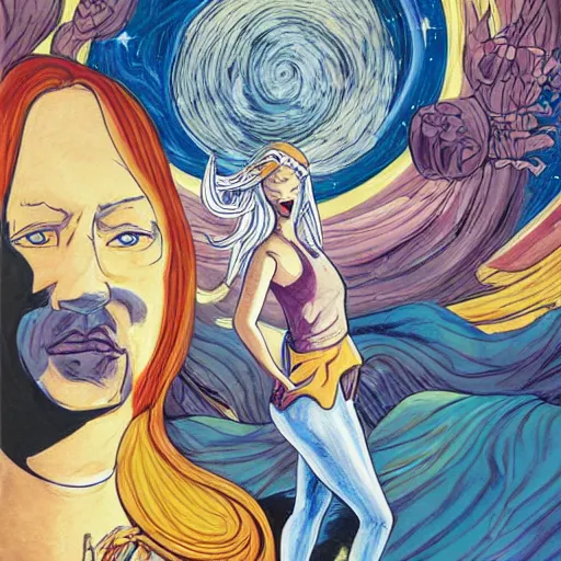 Image similar to hanna barbera by ryan ottley, by luigi loir lush, meticulous. a beautiful art installation of a woman with long flowing hair, wild animals, & a dark, starry night sky.