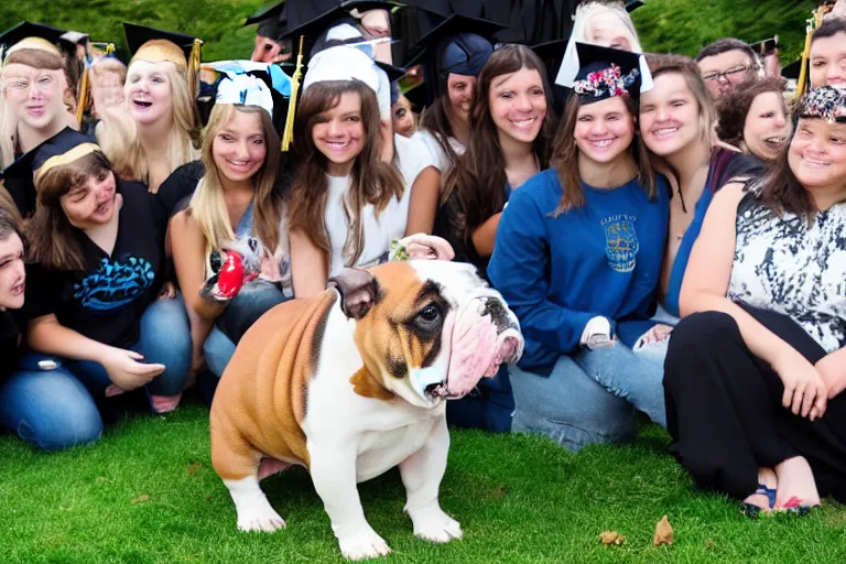 Prompt: a crowd of high school graduates petting an english bulldog wearing a crown, english bulldog wearing a plastic crown