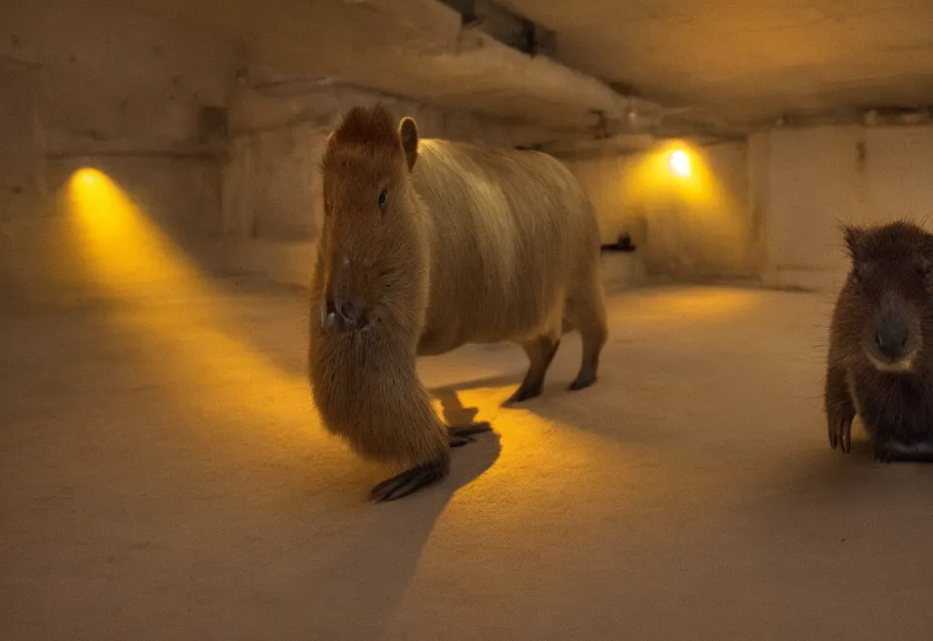 Prompt: photo of a capybara in the backrooms, yellow light