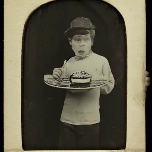 Prompt: a daguerrotype photo of a ugly boy man eating a cake, award winning photo