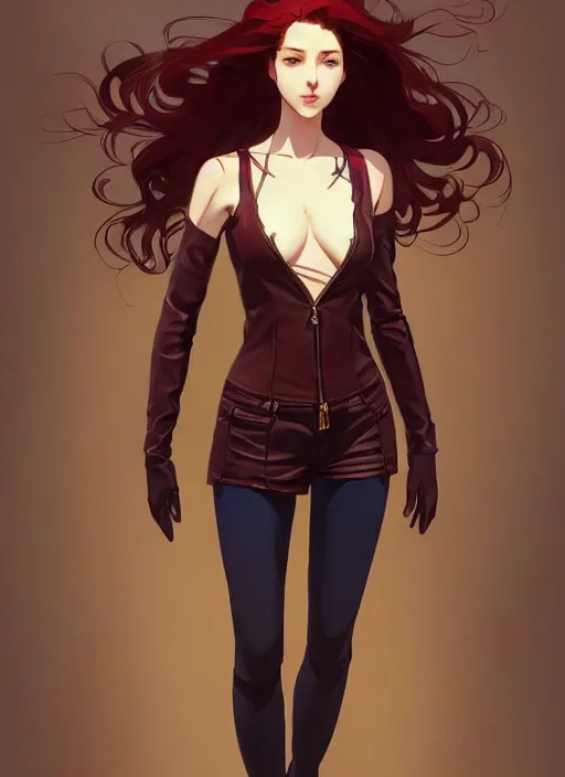 Image similar to pretty young woman with shoulder length shiny shimmering dark red hair and wearing worn leather jacket, concept art, t - pose, full body, path traced, highly detailed, high quality, digital painting, by studio ghibli and alphonse mucha, leesha hannigan, makoto shinkai, arcane