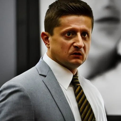 Prompt: Volodymyr Zelenskiy as The American Psycho, sweating profusely, staring intensely