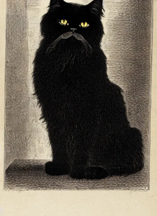 Prompt: portrait of a black persian cat staring contemptuously at people, demon from the dictionarre infernal, etching by louis le breton, 1 8 6 9, 1 2 0 0 dpi scan, ultrasharp detail, clean scan