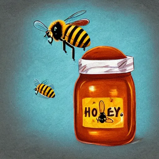 Image similar to cute bee flying out of a jar of honey with a wooden honey dipper in it, concept art, illustrated, highly detailed, high quality, bright colors, optimistic,