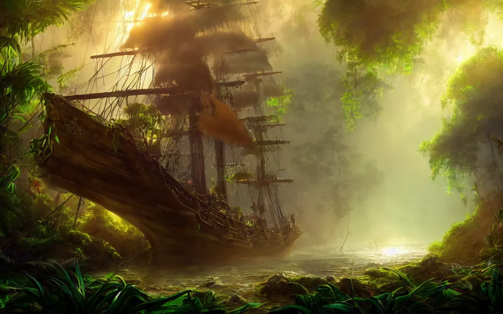 Image similar to a large pirate ship in a dense jungle, misty background, light rays, beautiful lighting, vivid colors, intricate, elegant, highly detailed digital painting, concept art, smooth, sharp focus, unreal engine, 4 k wallpaper, trending on cgsociety, trending on artstation