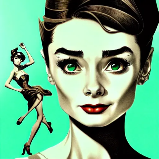 Image similar to in the style of joshua middleton, artgerm, beautiful audrey hepburn, bioshock, full body green dress, elegant pose, spooky, symmetrical face symmetrical eyes, three point lighting, detailed realistic eyes, insanely detailed and intricate elegant, underwater home