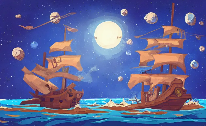 Image similar to pirate ship in space, storybook, gouache, flat, concept art, lush, pixel art