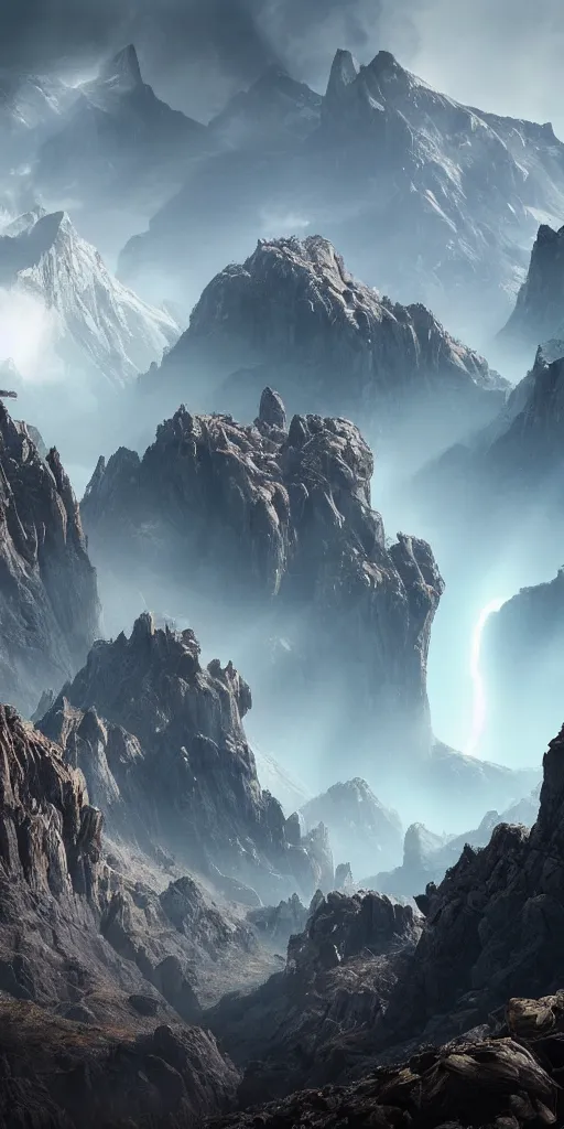 Image similar to alien environment with epic mountains and cliffs by james clyne, epic lighting, cinematographic, 8 k, award winning, ultra detailed